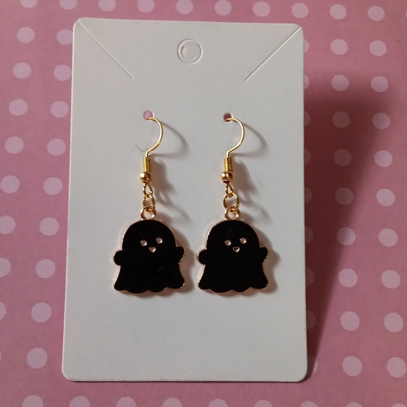Cute Black Halloween Ghost Enamel Pendant Dangle Drop Earrings New! - Picture 1 of 7